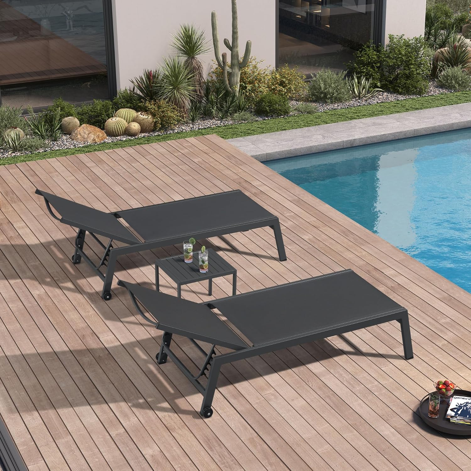 Outdoor Furniture Quick Dry - Breiter Terrassen-Loungesessel 2er-Set mit Beistelltisch, Grau,