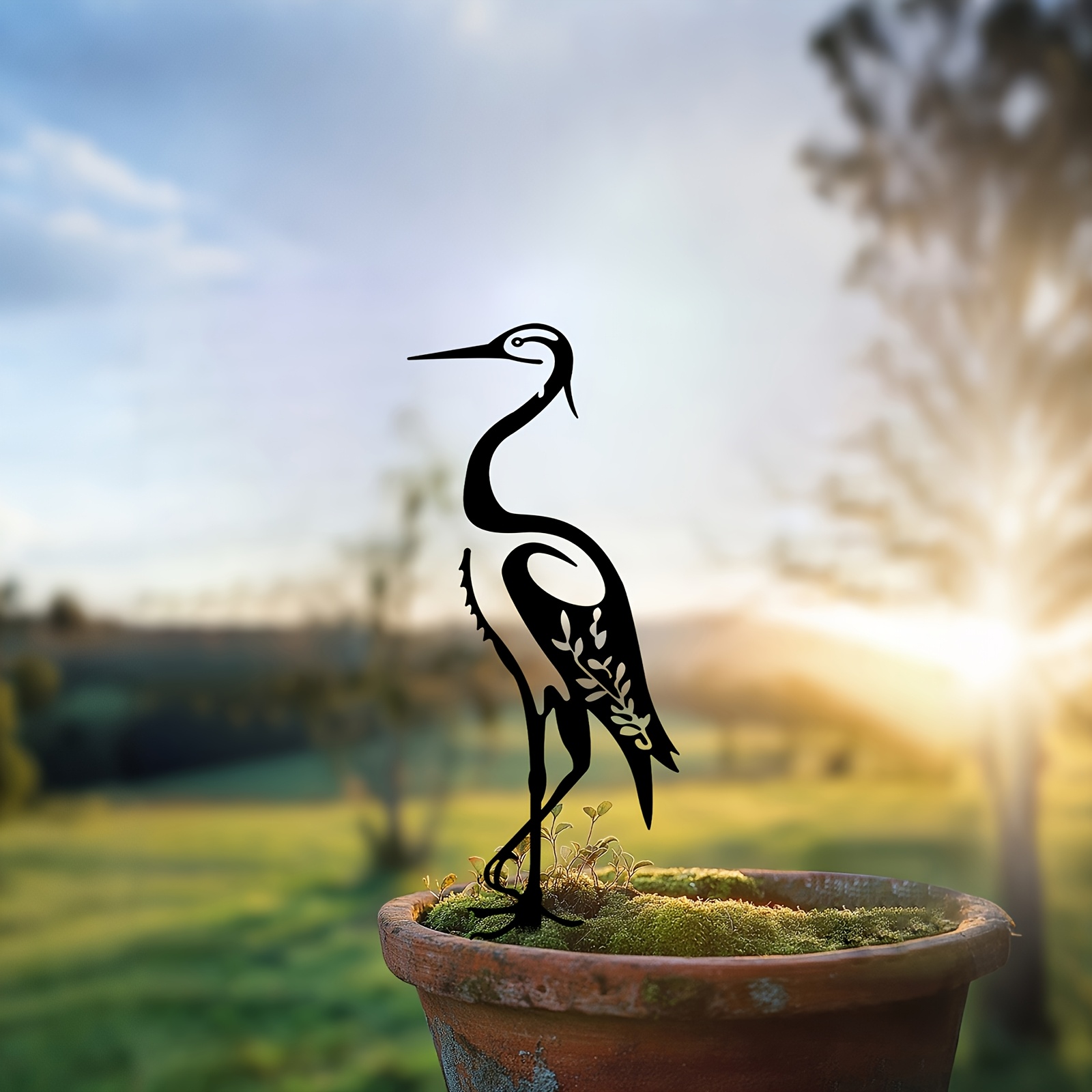 Outdoor Furniture Decor - 1 Stück Gartendeko: Weiße Eisenvogel-Silhouette (Aigretten),