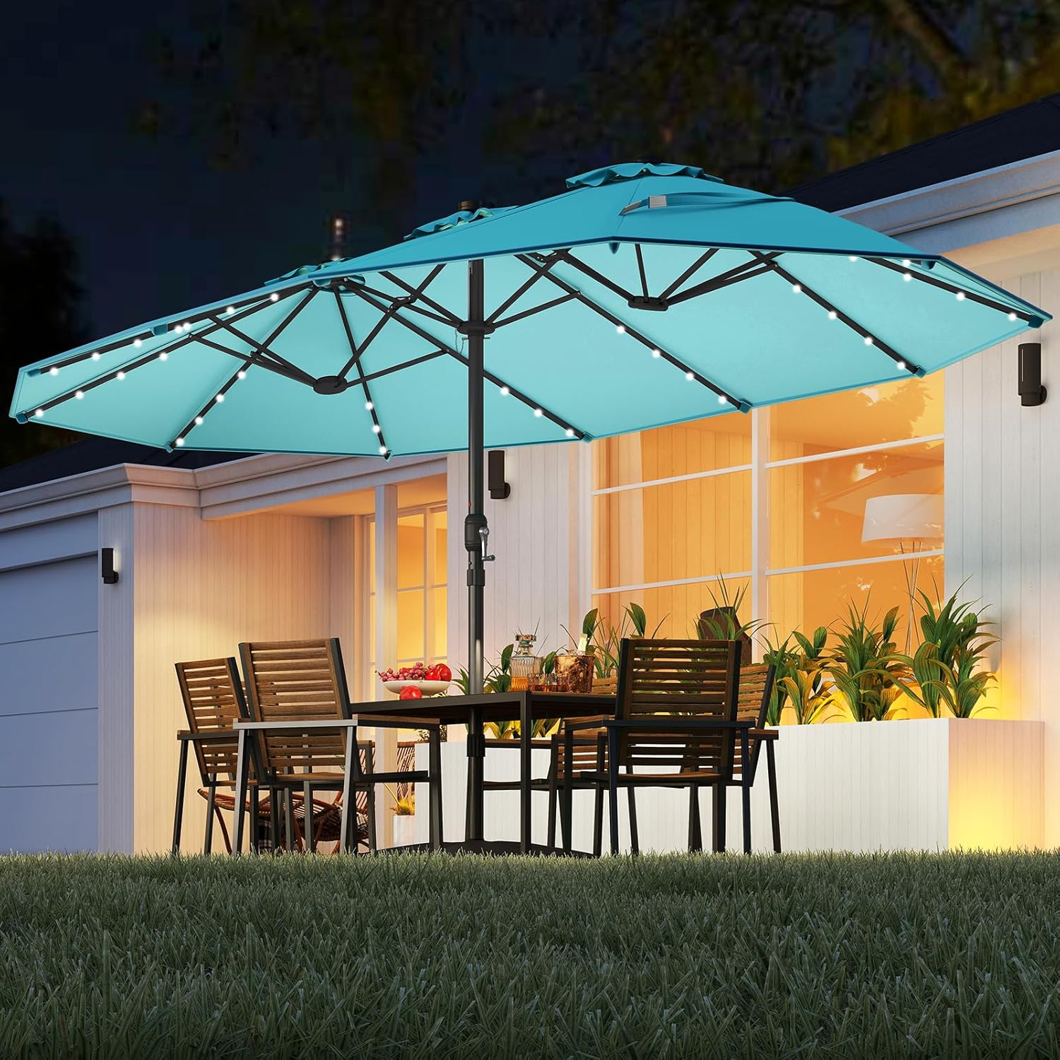 Outdoor Furniture With Umbrella - 15FT Doppelseitiger Solar-Terrassenschirm, Extra Großer Outdoor-Doppelschirm