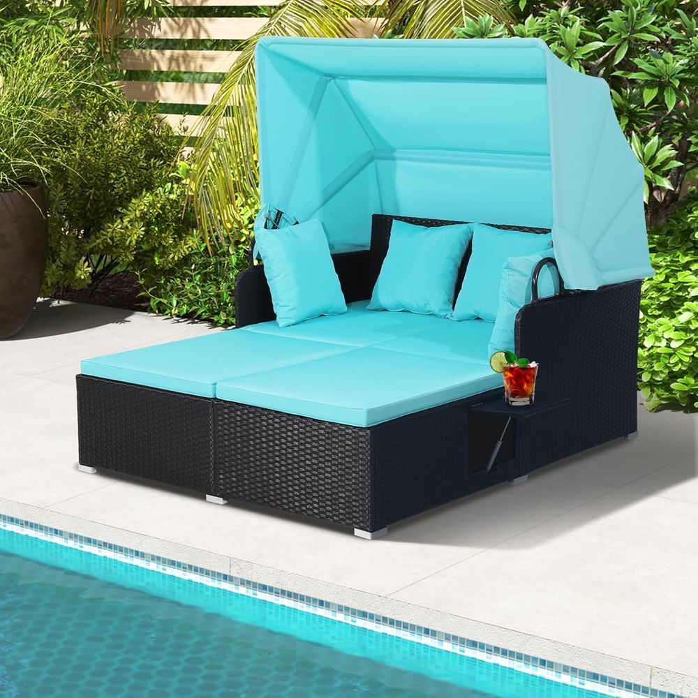 Outdoor Furniture Ofo - Outdoor-Tagesbett, 2-Personen-Rattan-Sofa mit ausziehbaren Kissen und