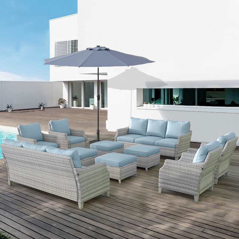 Outdoor Furniture Quick Dry - Modernes PE-Rattan Outdoor-Sofa-Set Blau 3-Sitzer mit
